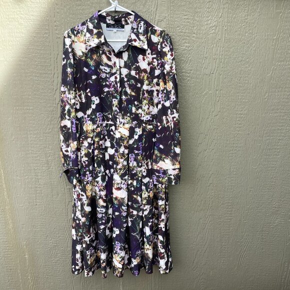 Dalia Macphee Dresses & Skirts - Dalia Macphee Long Sleeve Dress XL Pleated Abstract Floral Collared  Button Fron
